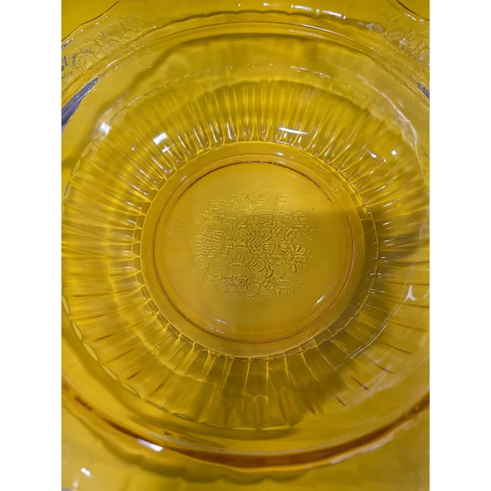 Vintage‎ Amber Depression Glass Floral Etched Ribbed Serving Bowl with Handles